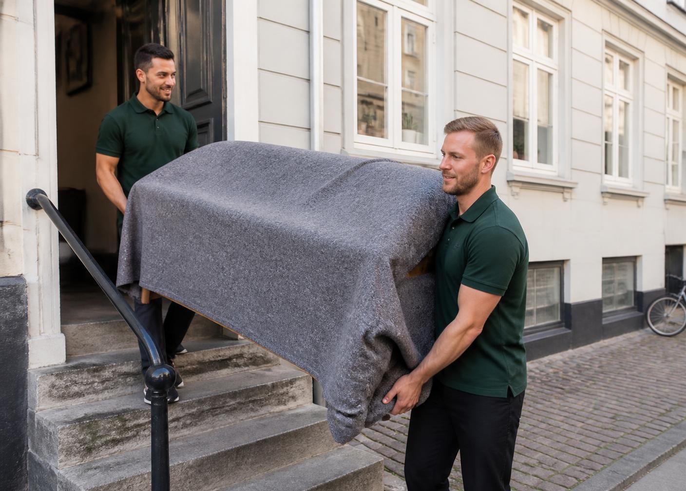 To flyttemænd bærer en afdækket sofa ned ad trappen i en københavnsk opgang