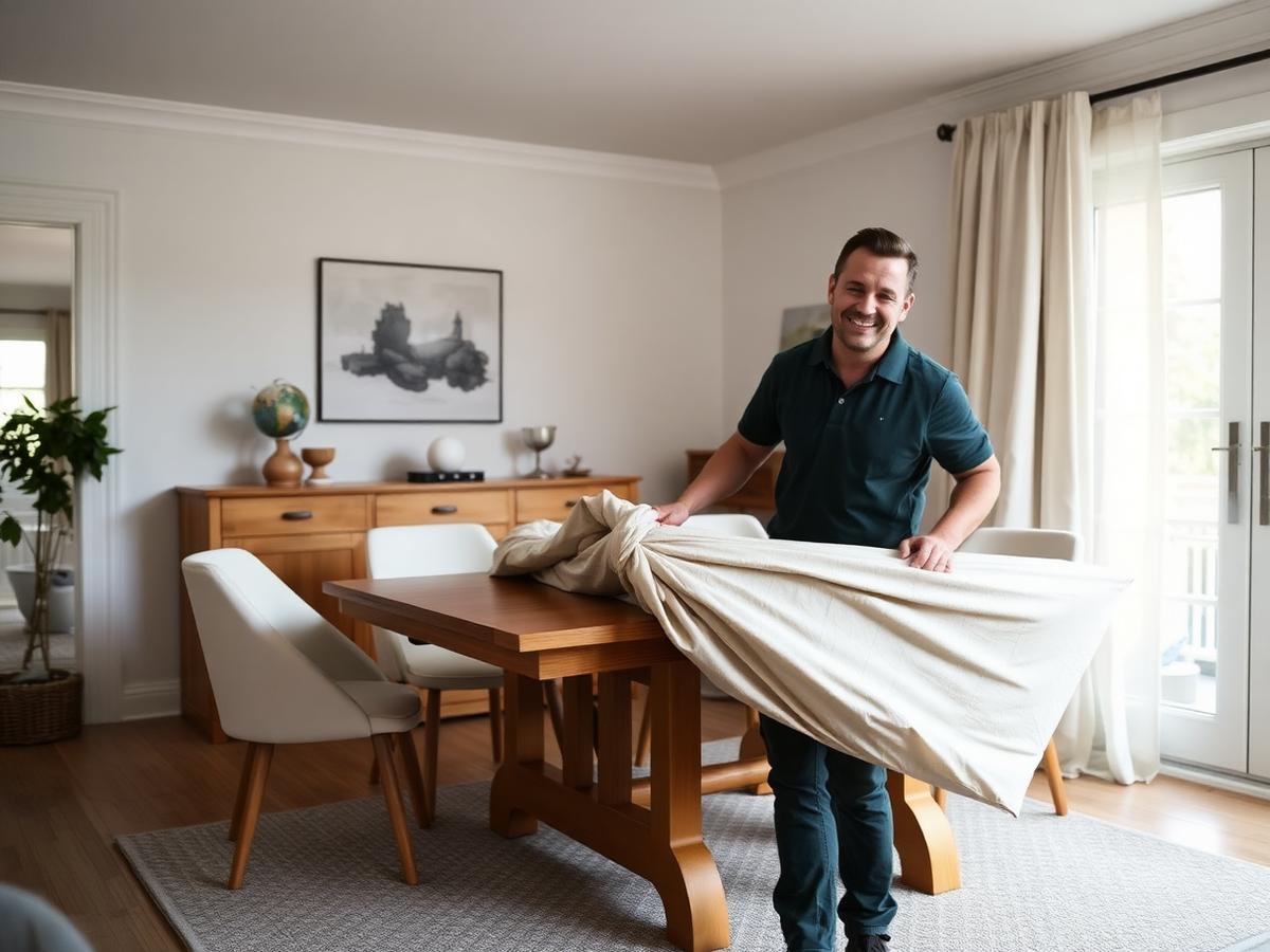 Flyttemand afdækker et spisebord med tæpper i en dansk villa